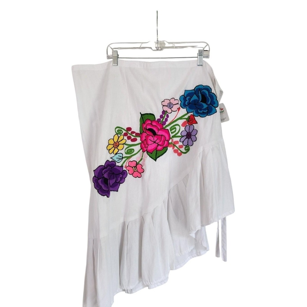 Mexican Embroidered Folklorico 3X Wrap Skirt Fiesta Boho Floral Ruffle Dance